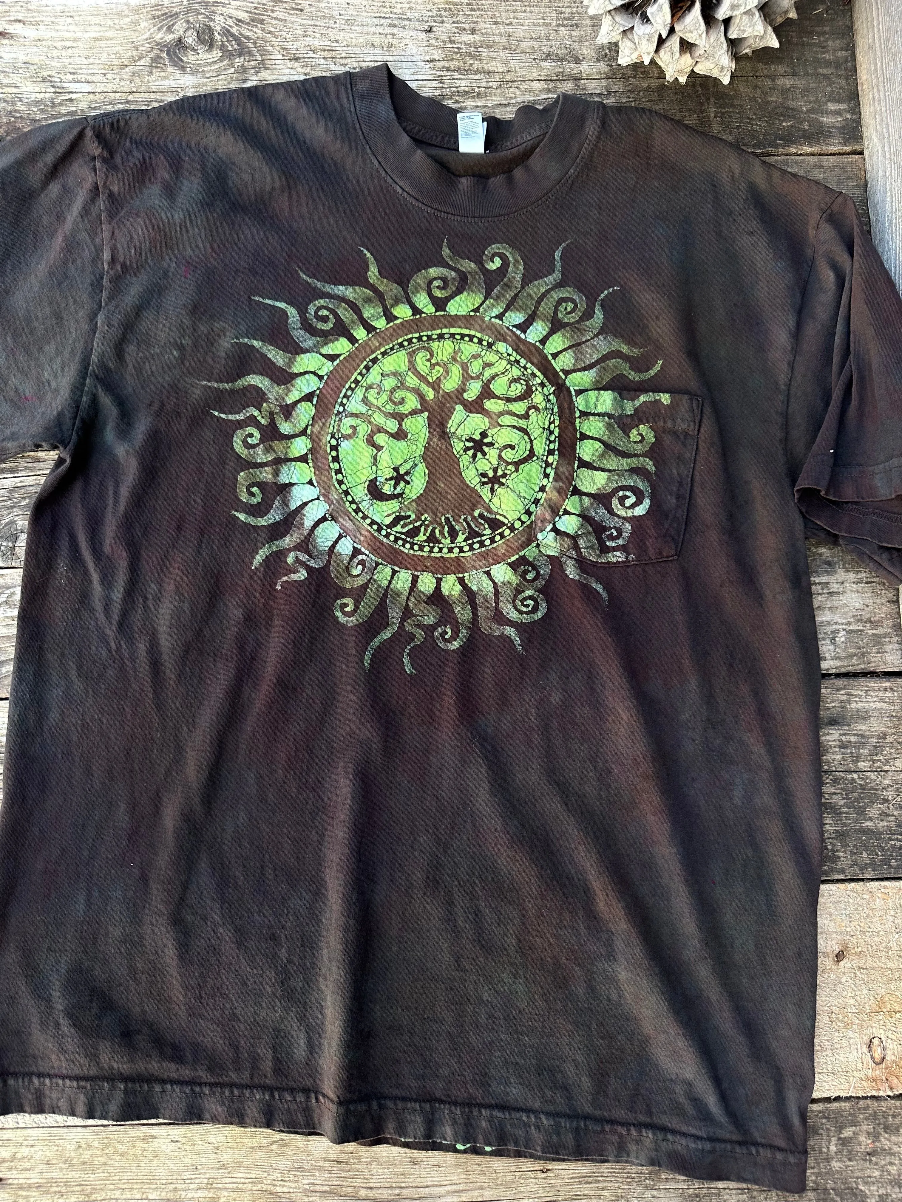 Very Dark Brown Tree of Life Handmade Batik Tshirt with Hidden Pocket