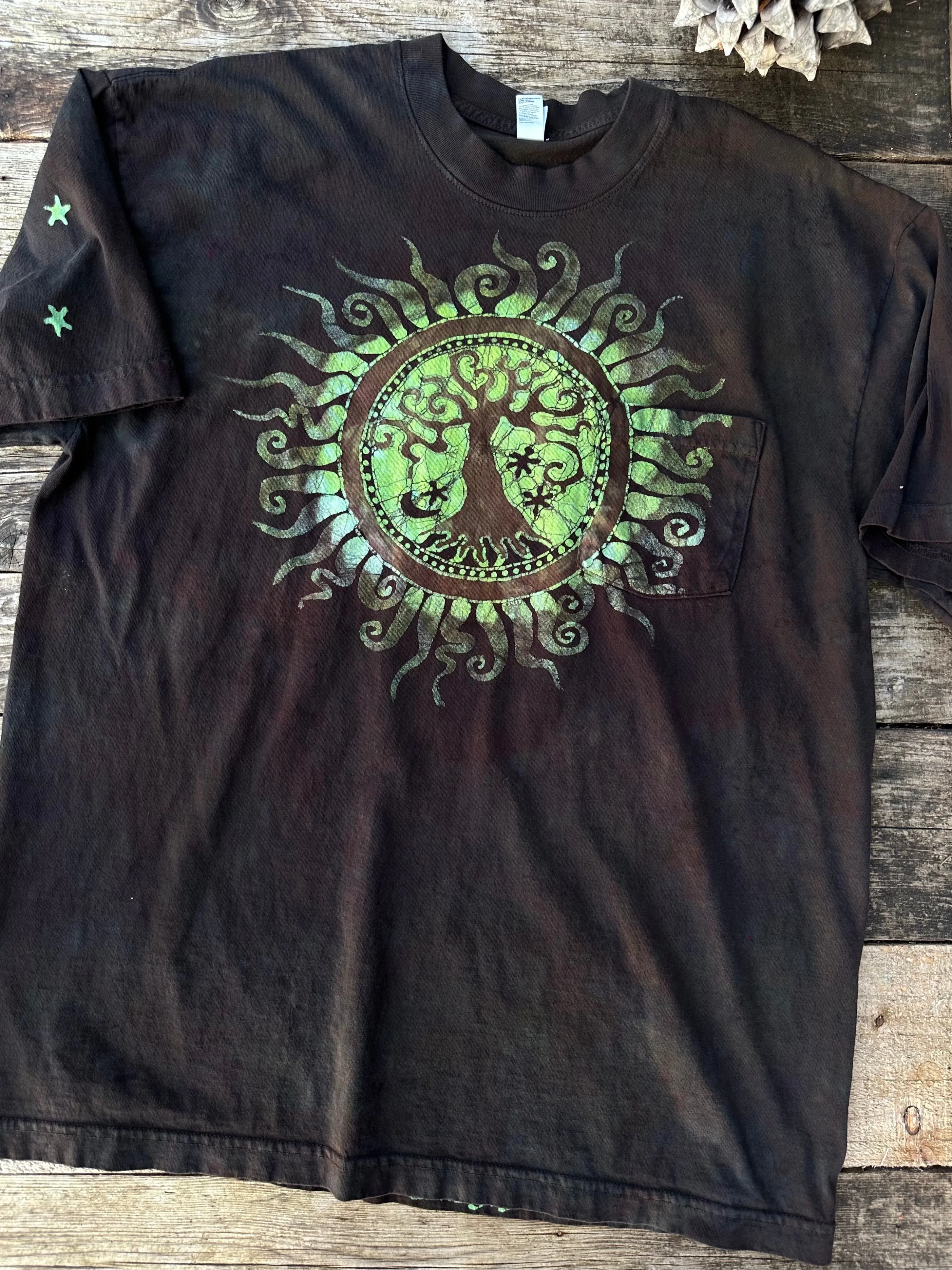 Very Dark Brown Tree of Life Handmade Batik Tshirt with Hidden Pocket