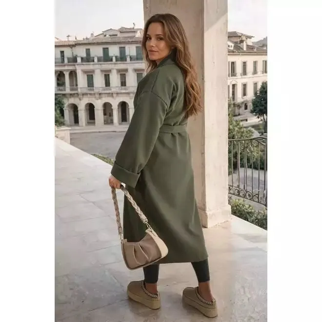 Waist Belt Longline Coat Jacket with Pocket