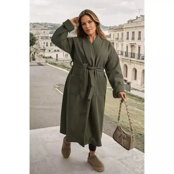 Waist Belt Longline Coat Jacket with Pocket