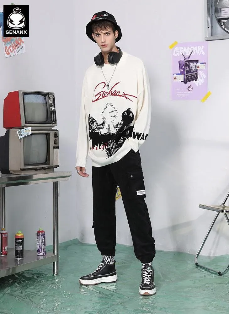 White Street Hip Hop Cartoon Jacquard Sweater