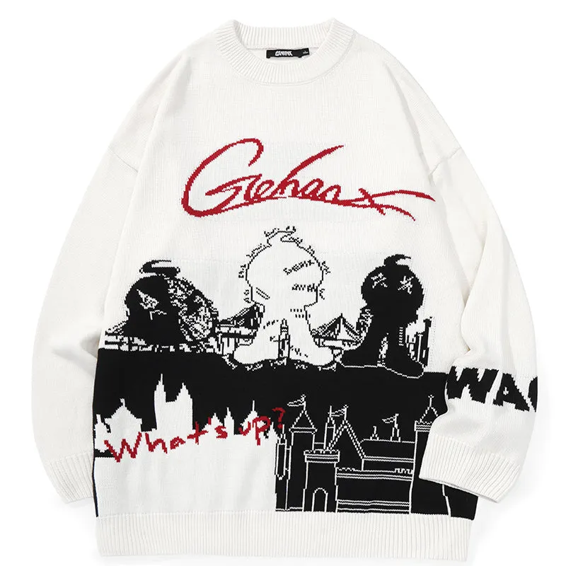 White Street Hip Hop Cartoon Jacquard Sweater