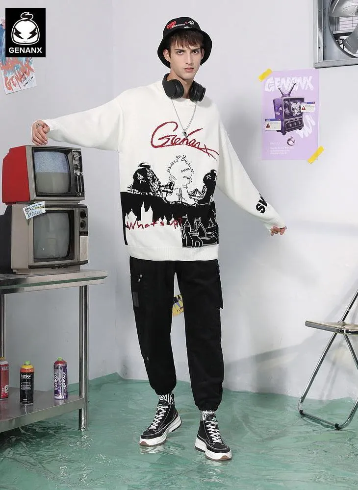 White Street Hip Hop Cartoon Jacquard Sweater