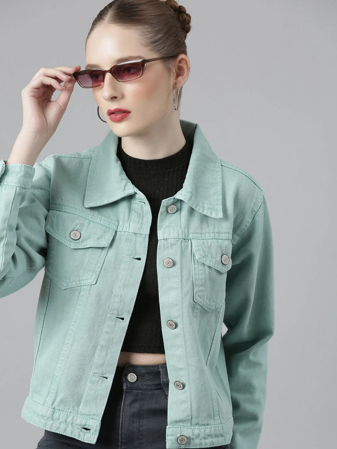 Women Spread Collar Solid Sea Green Denim Jacket