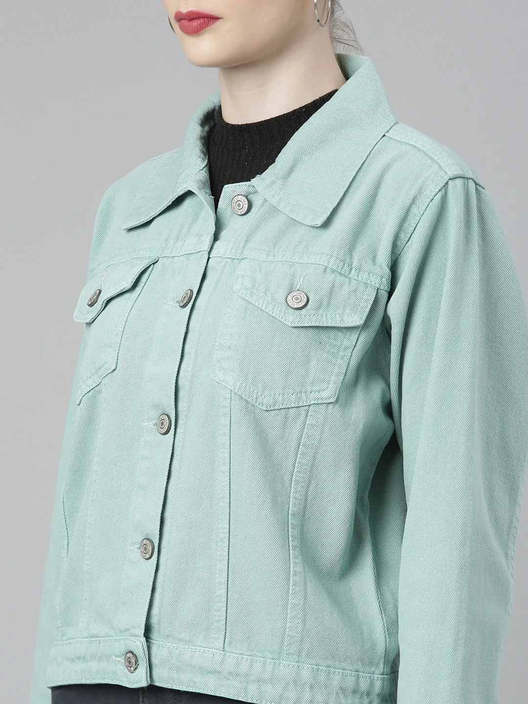 Women Spread Collar Solid Sea Green Denim Jacket