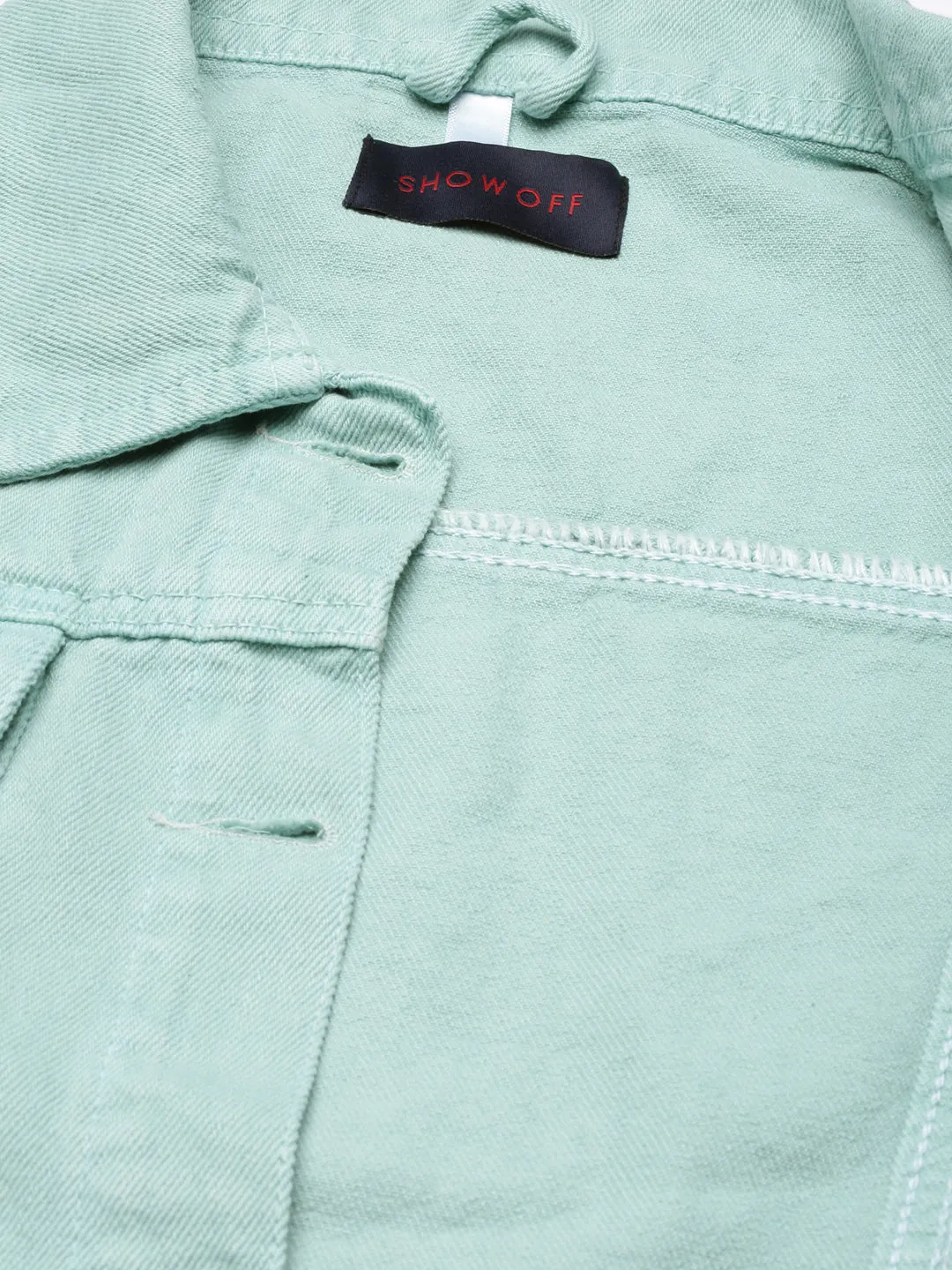 Women Spread Collar Solid Sea Green Denim Jacket