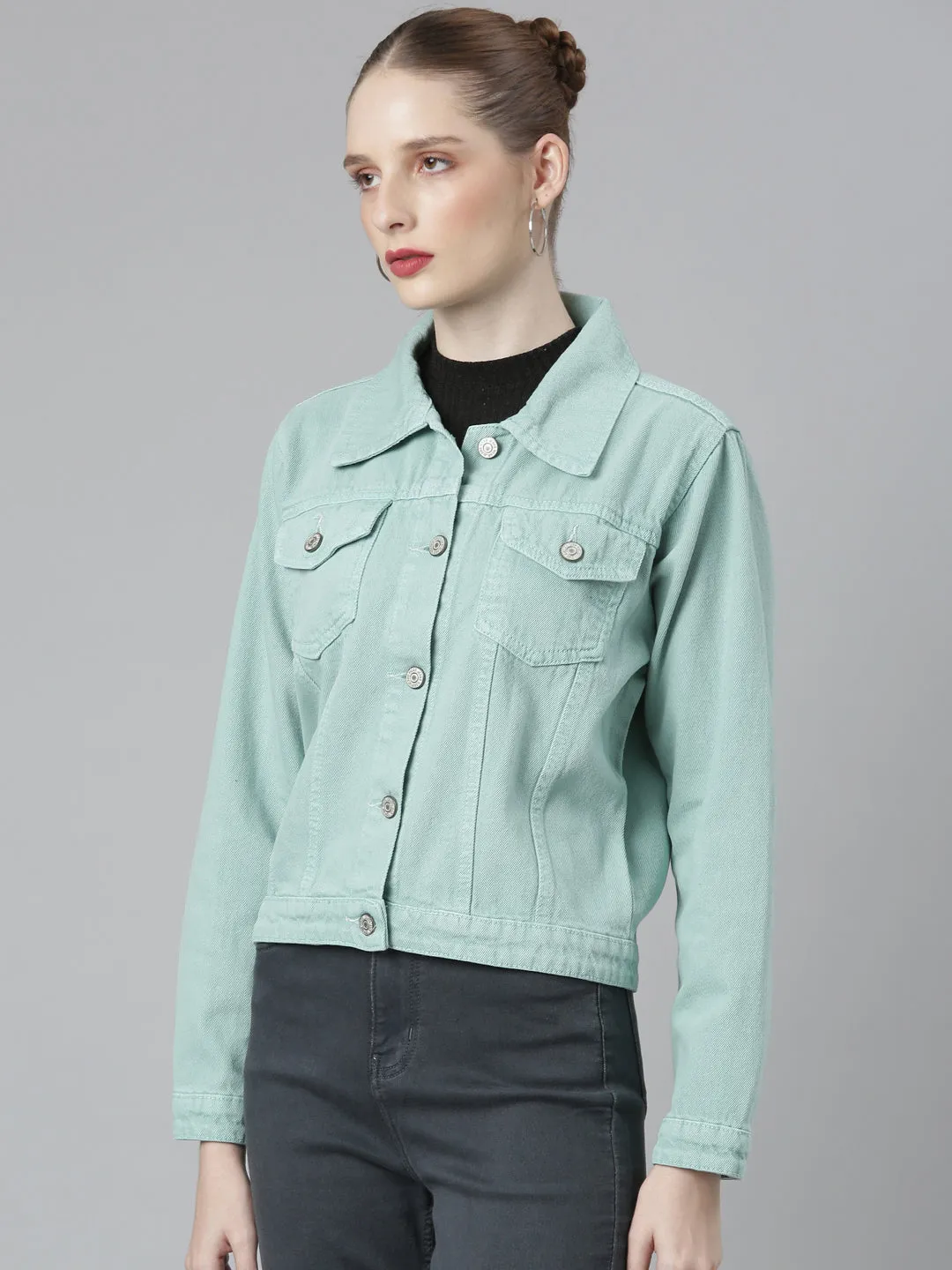 Women Spread Collar Solid Sea Green Denim Jacket