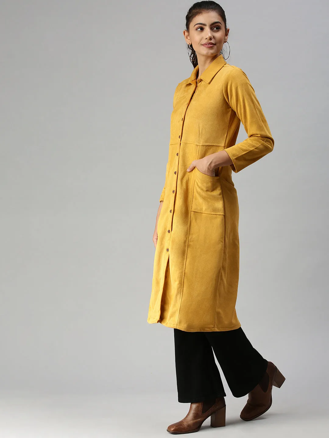 Women's Mustard Solid Duster Jacket Jackets