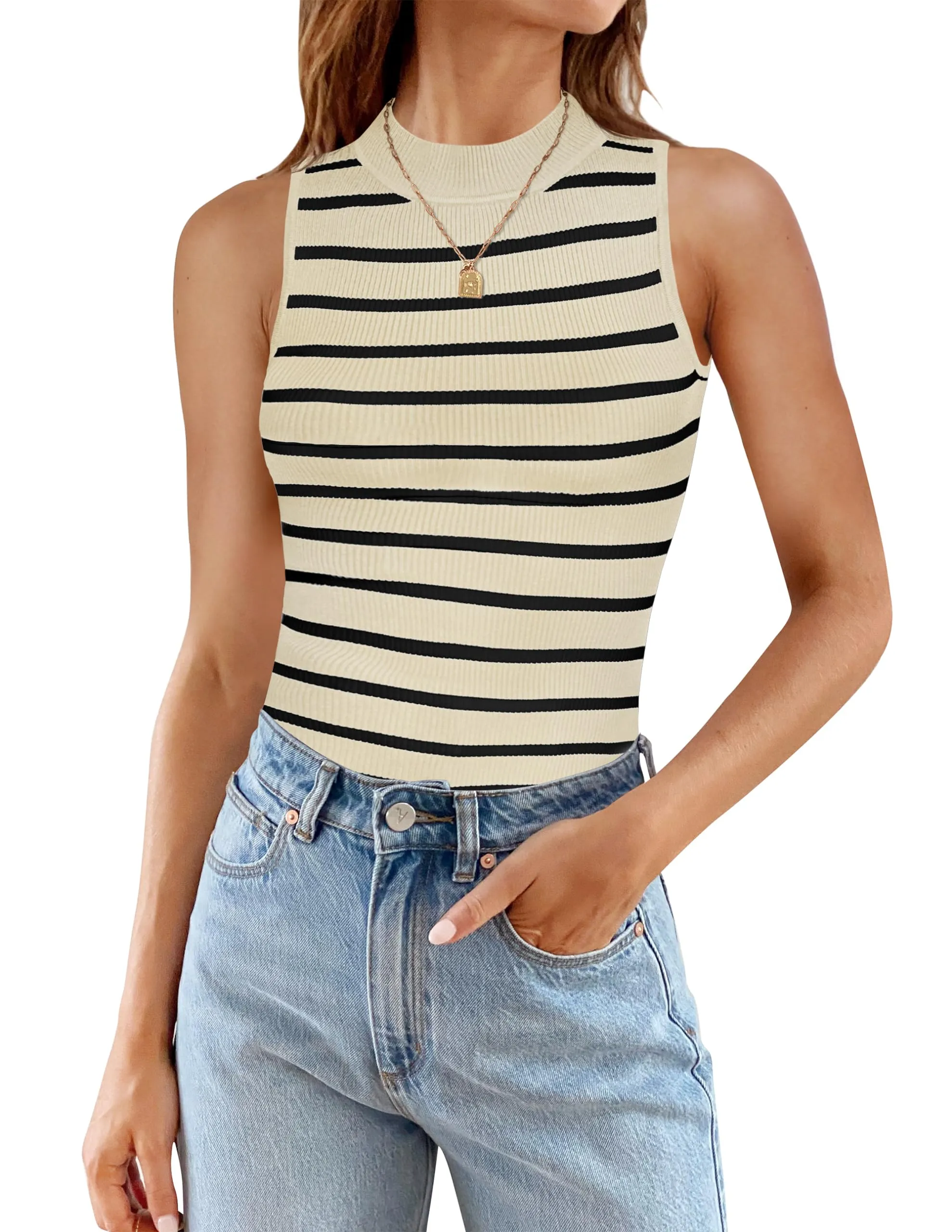 ZESICA High Neck Slim Fitted Ribbed Striped Tank Top