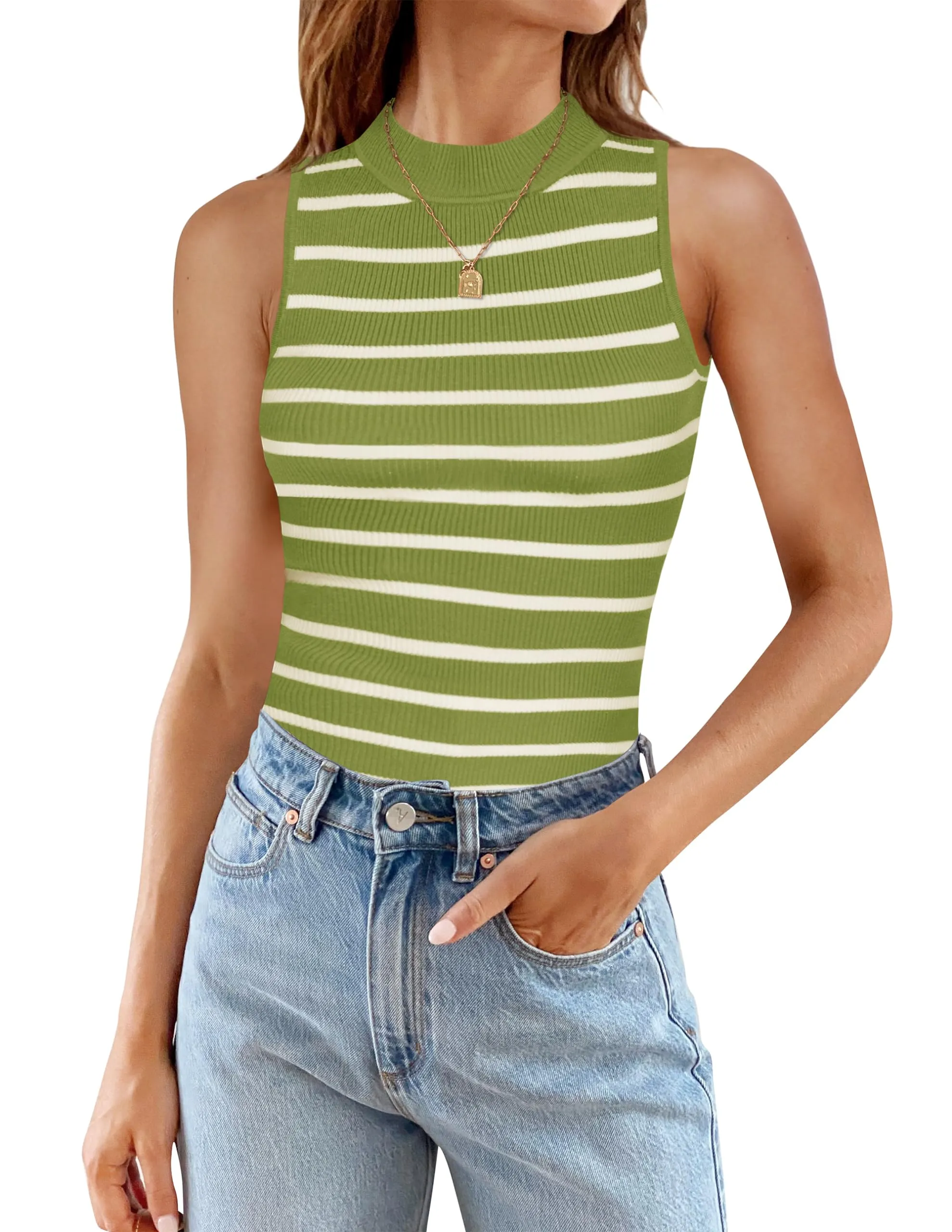 ZESICA High Neck Slim Fitted Ribbed Striped Tank Top