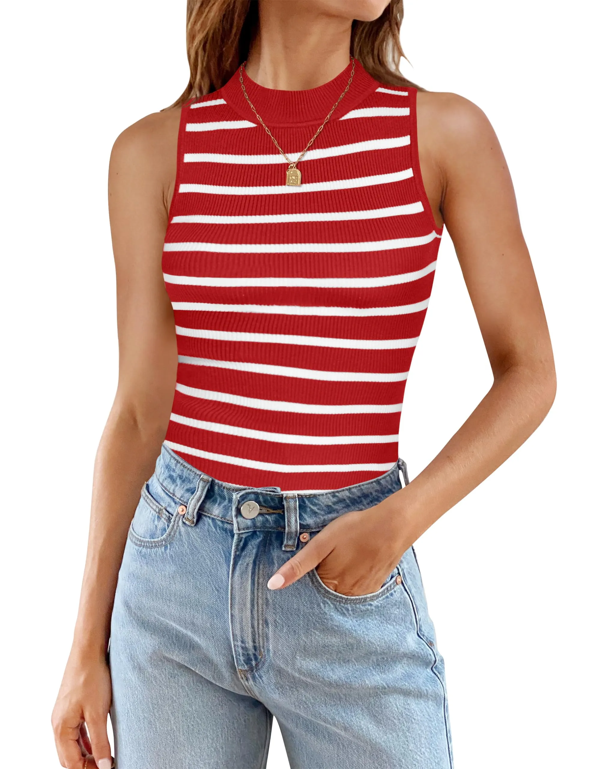 ZESICA High Neck Slim Fitted Ribbed Striped Tank Top